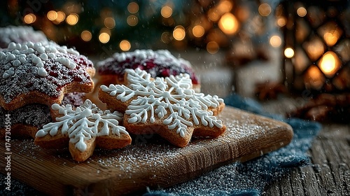 Snowflake shaped cookies with powdered sugar on wooden board blurred lights background.
