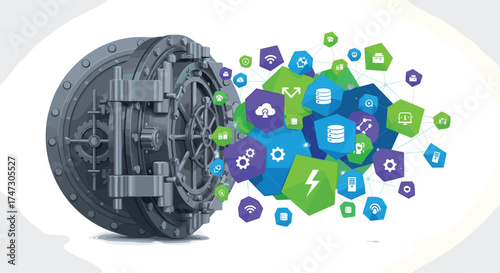 Digital Vault Releasing Cloud Technology Icons, Generative AI.