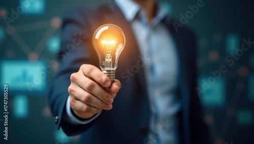 A man in a suit holds a glowing lightbulb, representing a new idea or innovation against a blurred background, suggesting technology or data visualization with a touch of creativity and conceptual...
