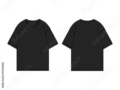 Black Oversized T-Shirt Vector Template. Plain Black T-Shirt Front and Back View