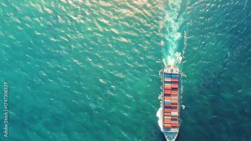 Aerial View of Cargo Ship Sailing Across Ocean Waters