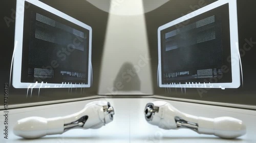 Futuristic Robotic Arms Facing Each Other in a Modern Setting