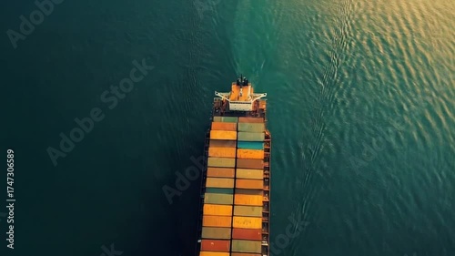 Aerial View of Cargo Ship Sailing Across the Ocean, Logistics
