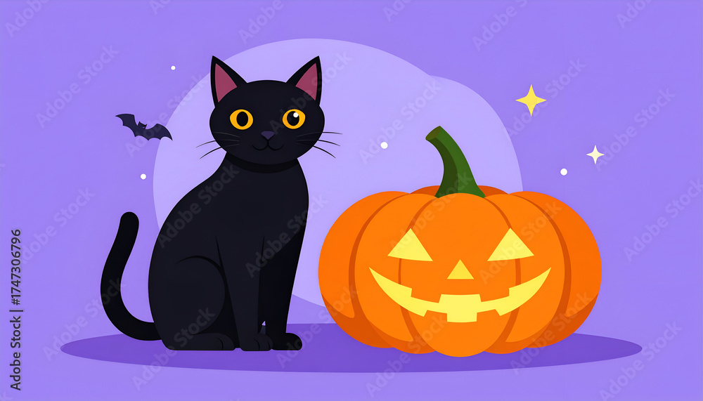 Fototapeta premium Black Cat and Jack-o-Lantern on Halloween Night with Full Moon and Stars.