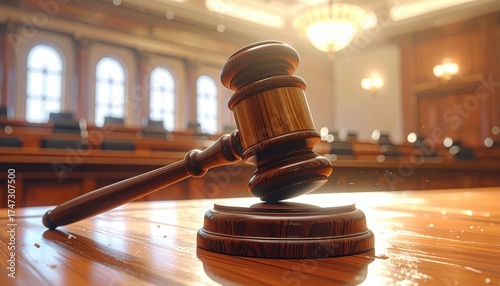 A  view features a wooden gavel resting on a polished desk within a courtroom setting.