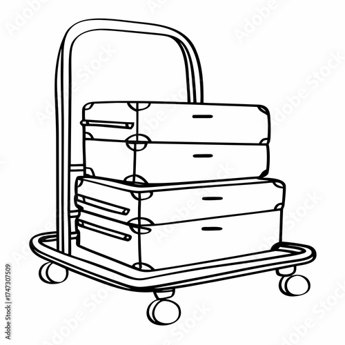 Line drawing of a luggage cart with three suitcases stacked  