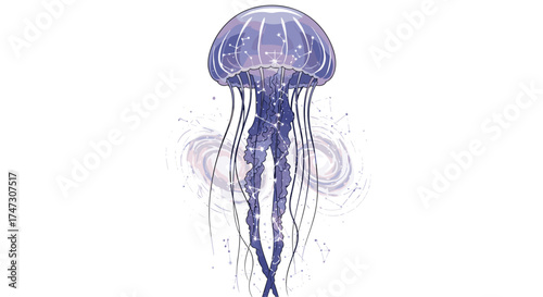 A translucent purple jellyfish floats gracefully in clear water, Generative AI.