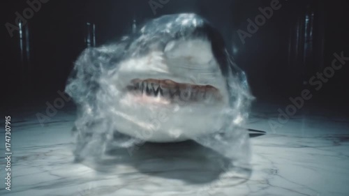 Shark head in plastic wrap conceptual art and artistic expression