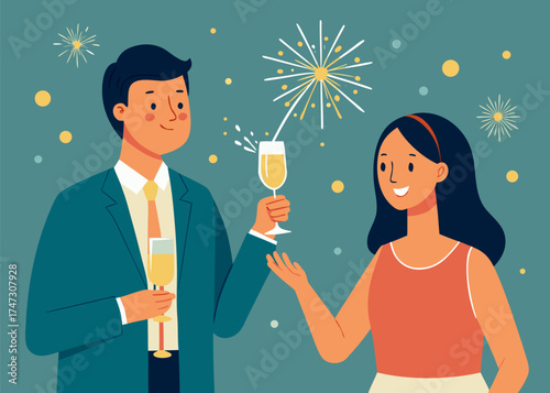 Joyful Couple Toasting Champagne in Festive New Year Celebration Illustration