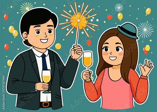 Smiling couple celebrating with sparkling wine and a sparkler illustration