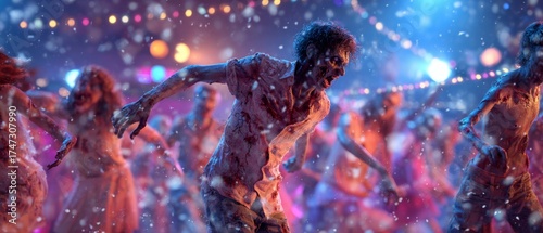 Halloween nightmares: clubbing with zombies. Cinematic poster. Illuminated graveyard gala: zombies revel under dj's spell. Action poster. Visual poster.