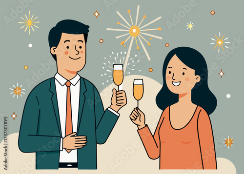 Flat vector illustration of couple celebrating New Year's Eve with champagne and sparklers
