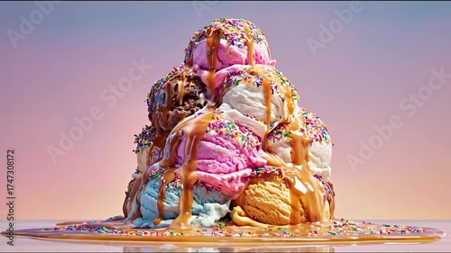 Colorful ice cream sundae sweet dessert treat with caramel drizzle