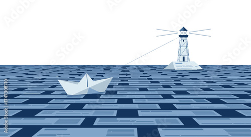 Paper boat sailing towards a lighthouse in a mazelike ocean, Generative AI.