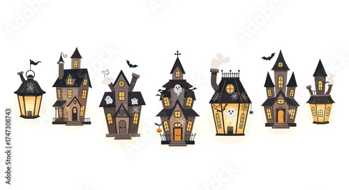 Collection of Spooky Halloween Houses and Lanterns, Generative AI.