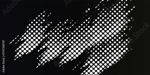 Abstract black and white design with a halftone pattern and brushstroke effect.