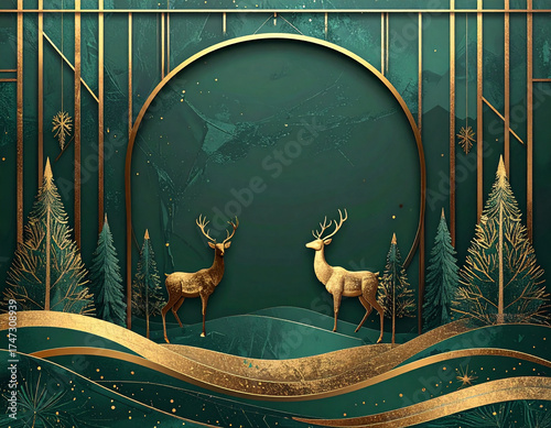 Art deco background with two deer in the background with gold details