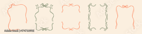 Set of hand drawn doodle coquette whimsical bow ribbon frames and borders. Romantic feminine girly decoration for Christmas and Valentines day cards, restaurant, picnic, birthday, wedding invitation