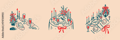 Christmas holiday dinner table set. Hand drawn crayon doodle vector illustration. New Year eve festive table in coquette style. Fine dining restaurant xmas menu design with wine, champagne, turkey