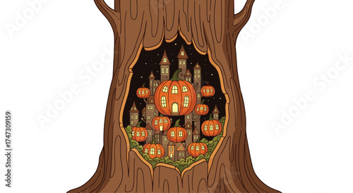 Halloween Tree Hollow With Pumpkin Castle Scene, Generative AI.