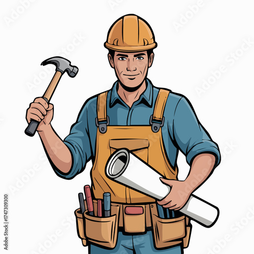 Comic-style construction worker, chest-up with hard hat and tool belt