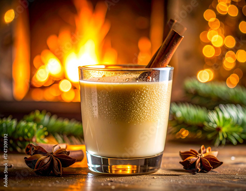 Hot chocolate drink with cinnamon in a Christmas atmosphere