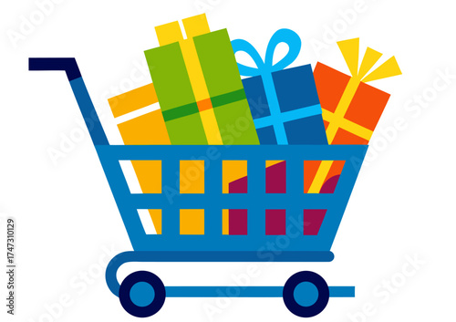 Vector Illustration of Shopping Cart Overflowing with Colorful Presents for Holiday Season