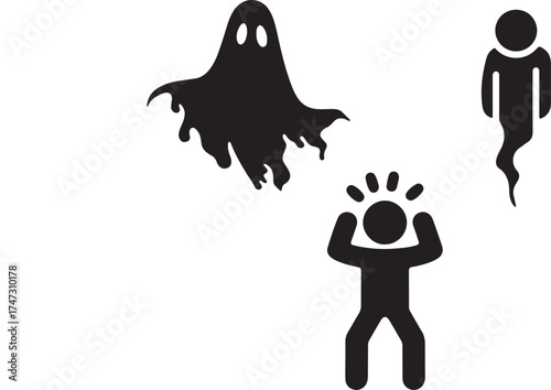Silhouette of a terrified person and spooky ghosts