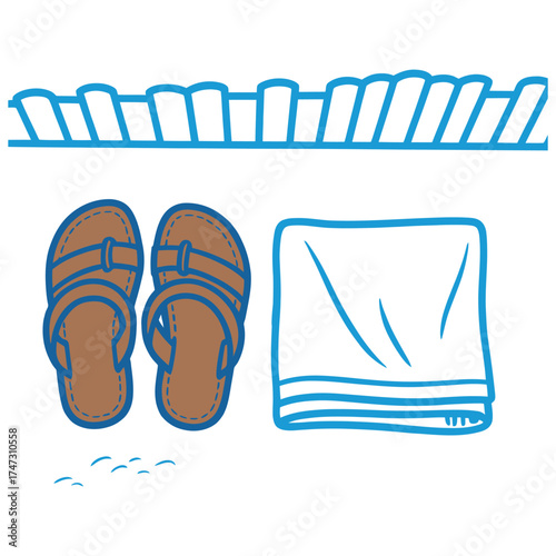 Illustration of beach scene with sandals and towel under a sunshade, ideal for summer, vacation, and travelthemed designs