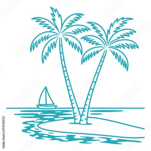 Palm trees on a tropical island with a sailboat in the background, capturing the essence of a serene beach getaway