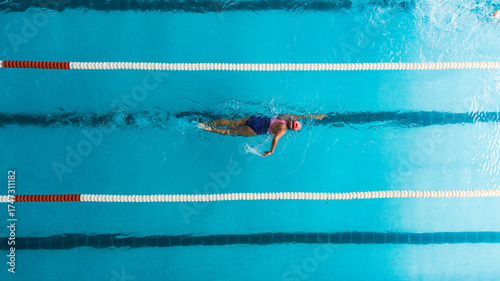 Foto Aerial top view of a swimmer in a blue pool performing freestyle stroke between lane dividers