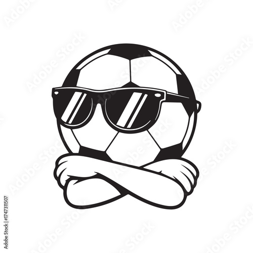 Cartoon soccer ball wearing sunglasses with arms crossed in a cool pose