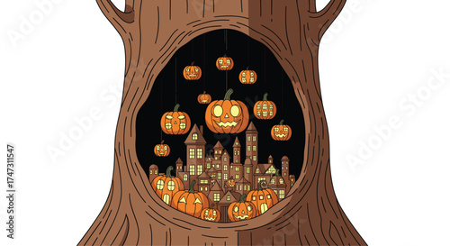Spooky Halloween Tree Hollow with Glowing Pumpkins and Castle Scene, Generative AI.