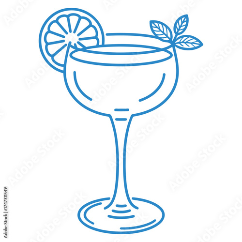 Illustration of a cocktail glass with a slice of lemon and mint leaves, the cocktail is drawn in a simple, minimalist style