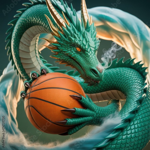Majestic Green Dragon Holding Basketball in Swirling Smoke, Fantasy Sports Concept, Vibrant Digital Art Illustration