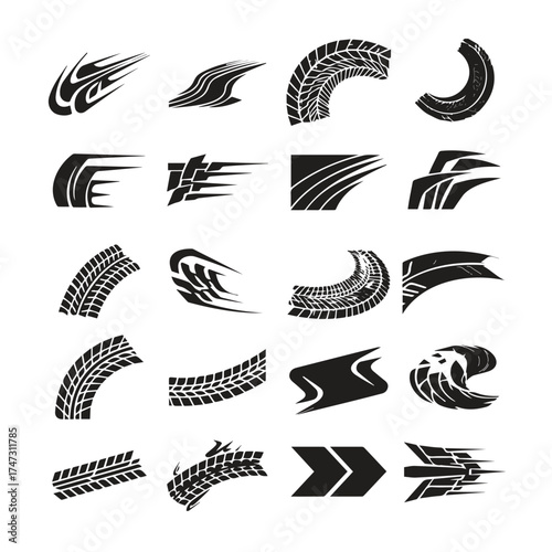 Collection of black and white tire tracks and abstract racing speed lines graphic elements