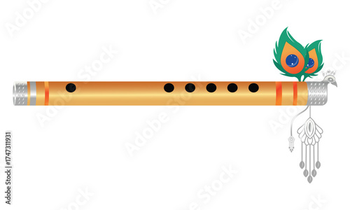 Indian Flute with Peacock Feathers Vector Graphics for Krishna Janmashtami Festival