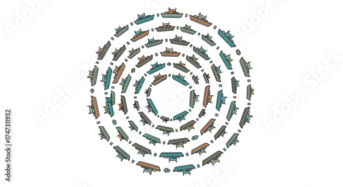 Circular arrangement of submarines in concentric circles, Generative AI.
