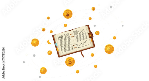 Open Book with Golden Coins Floating Around, Generative AI.