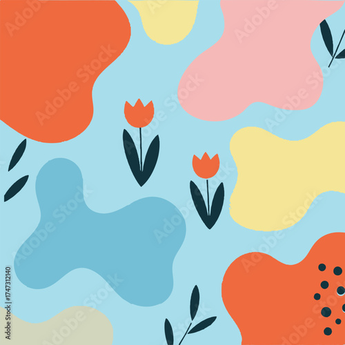Abstract organic shapes and stylized tulips on a vibrant pastel blue background
