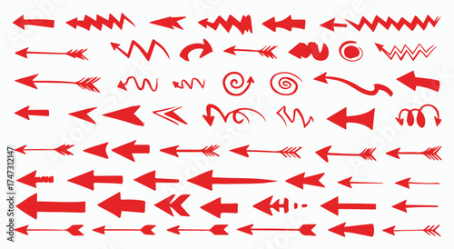 Collection of hand drawn red arrows in various styles and directions on a white background
