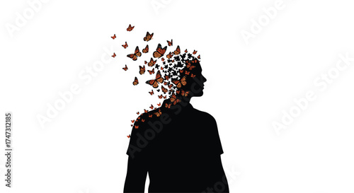 Silhouette of a person with butterflies emerging from their head, Generative AI.