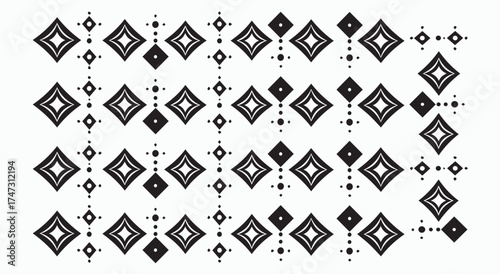 Abstract geometric pattern of black diamond shapes with distressed texture on a white background