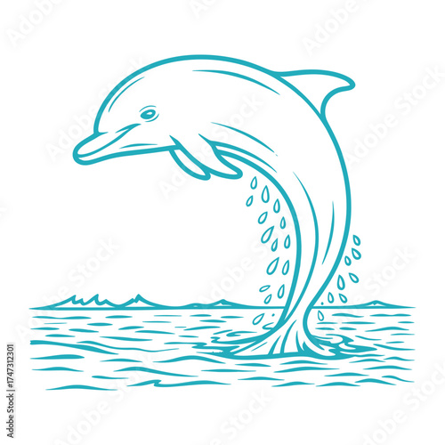 Illustration of a dolphin jumping out of the water, the dolphin is teal and has a simple, cartoonish design with water droplets