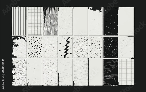 Abstract black and white textured collage with diverse graphic patterns and grunge elements