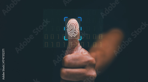 Biometric fingerprint scanning technology concept. Glowing thumbprint and digital interface, symbolizing identity verification, cybersecurity, data protection and secure access authentication system.