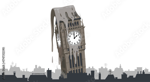 Melting Big Ben Clock Tower Symbolizing Time Distortion, Generative AI.