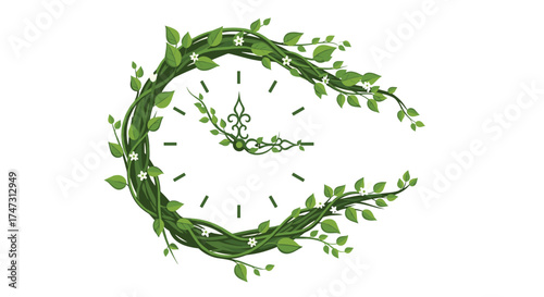 Clock face covered in green vines and leaves representing natures time, Generative AI.