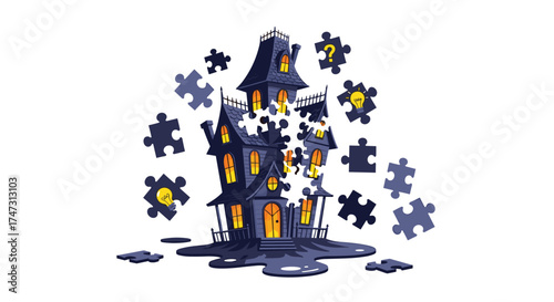 Haunted House Puzzle Pieces Flying Around Spooky Building, Generative AI.