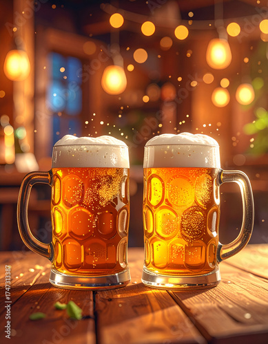 Two refreshing mugs of golden beer with frothy heads on a wooden table in a cozy pub setting with bokeh lights.